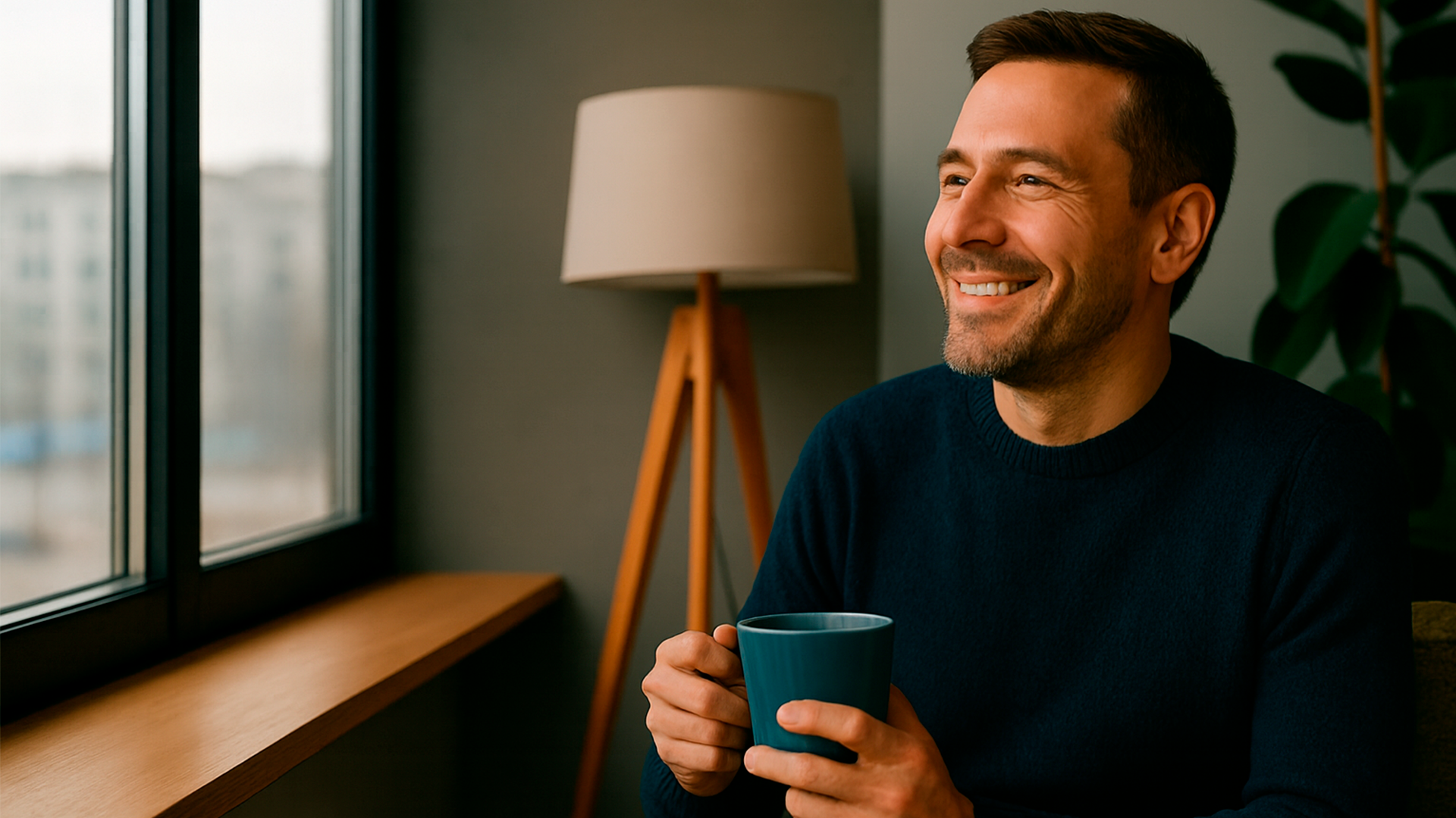 Homem sorrindo e olhando pela janela, representando tranquilidade financeira